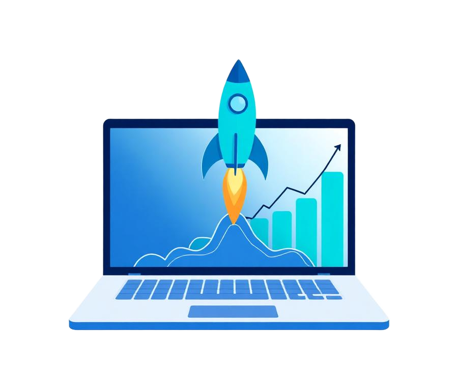 Illustration of a rocket launching from a laptop with growth charts